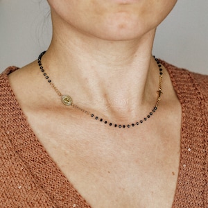 Dainty Black Crystal Rosary Necklace: Stainless Steel Catholic Jewelry