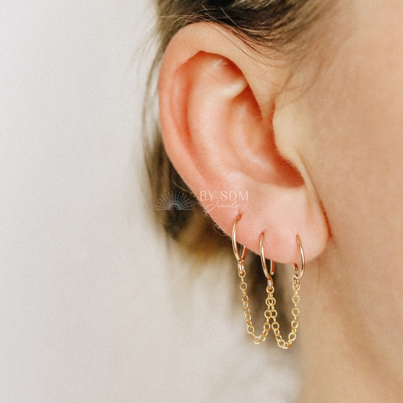 Boucles d'oreilles triples avec chaîne pour trois piercings Huggies Or Argent Or rose BYSDMJEWELS image 6