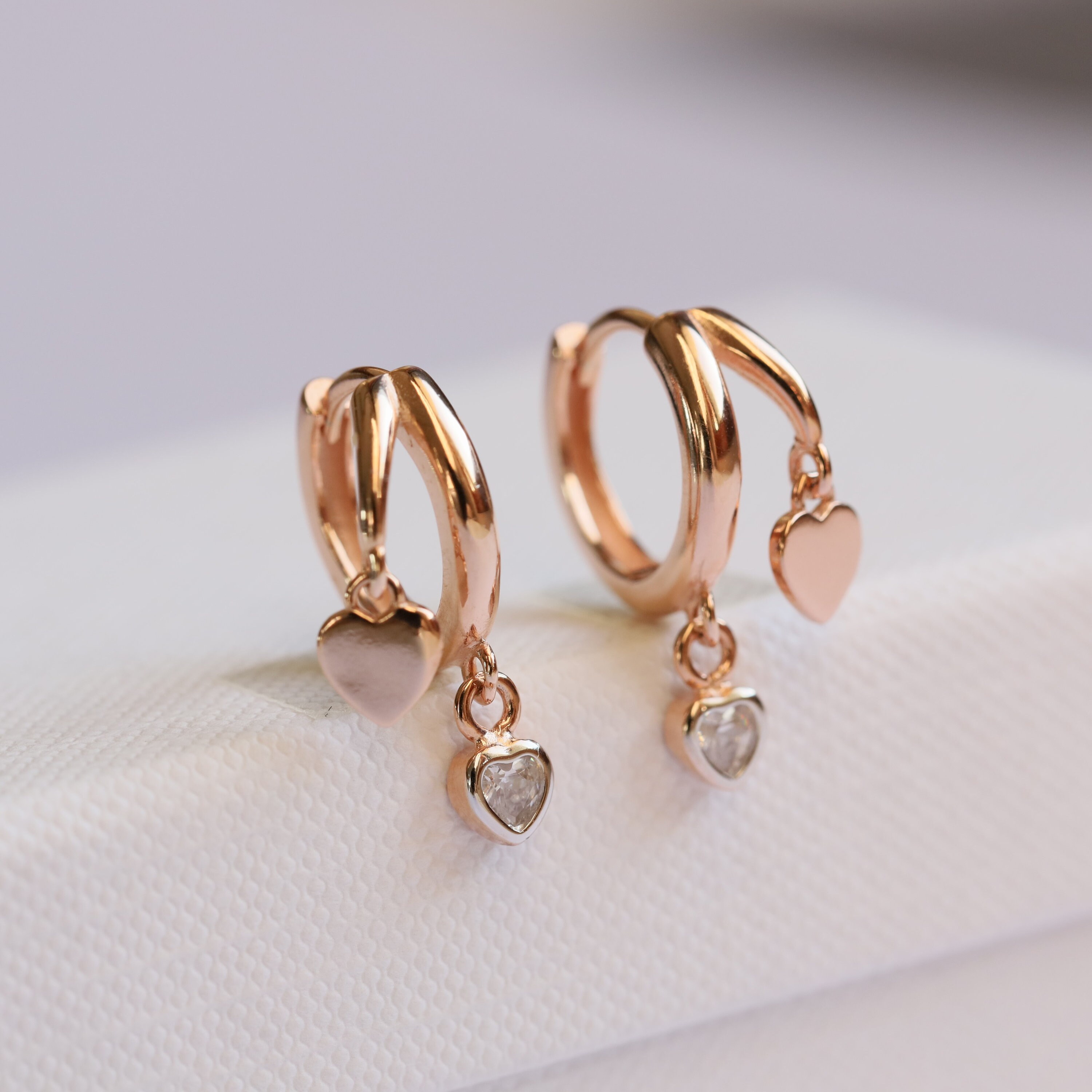 13mm Double hoop earrings with dangling heart charm Rose gold Etsy
