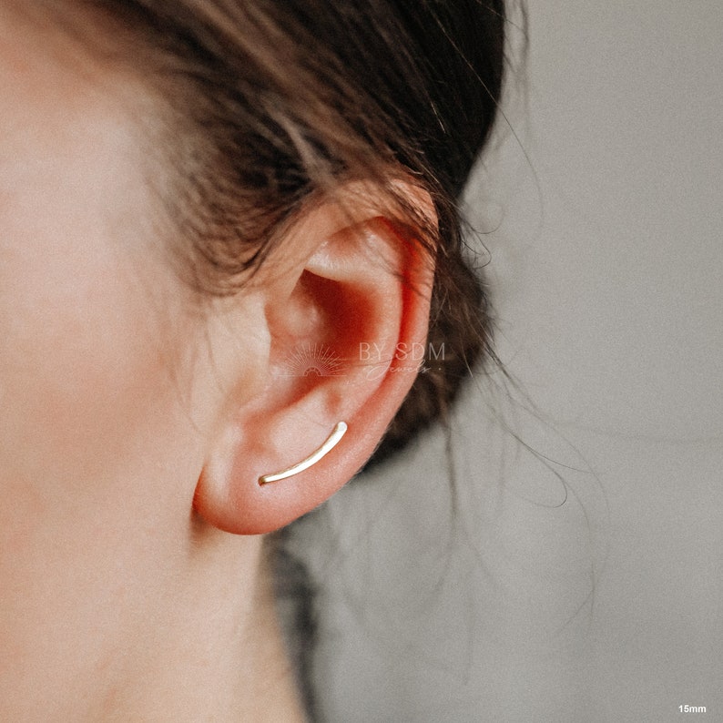 20 mm Dainty Long Ear Climbers, Ear Crawler, Gold Ear Cuff, Bar Ear Climber Silver Sweep Ear Pins Rose Gold Hammered Ear Climber Earrings 画像 8