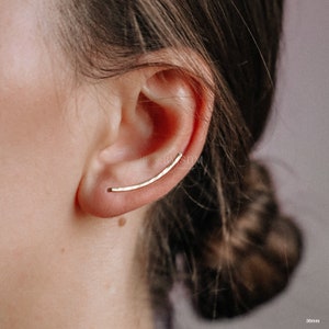 20 mm Dainty Long Ear Climbers, Ear Crawler, Gold Ear Cuff, Bar Ear Climber Silver Sweep Ear Pins Rose Gold Hammered Ear Climber Earrings 画像 6