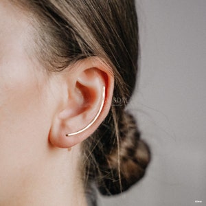 50 mm Dainty Long Ear Climbers, Ear Crawler, Gold Ear Cuff, Bar Ear Climber Silver Sweep Ear Pins Rose Gold Hammered Ear Climber Earrings image 3