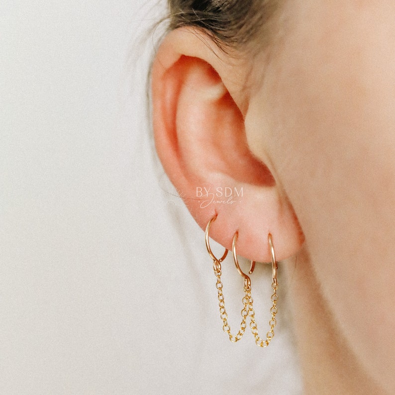Boucles d'oreilles triples avec chaîne pour trois piercings Huggies Or Argent Or rose BYSDMJEWELS image 2
