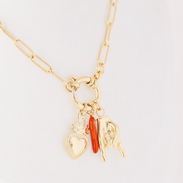 Collier corne porte-bonheur italien • Corne gestuelle de la main • Collier corno-cornicello italien • Collier sacré-coeur flamboyant • BYSDMJEWELS