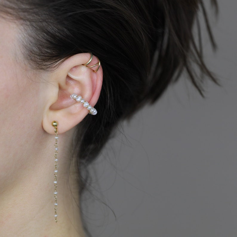 Pearl threader earrings Delicate Pearl Chain Earrings Stud Etsy