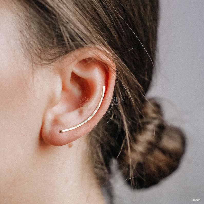 50 mm Dainty Long Ear Climbers, Ear Crawler, Gold Ear Cuff, Bar Ear Climber Silver Sweep Ear Pins Rose Gold Hammered Ear Climber Boucles doreilles image 4