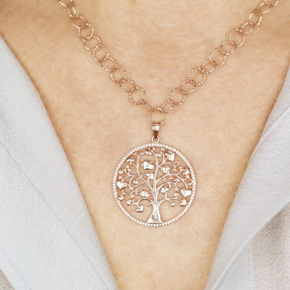 Rose Gold Tree of Life Necklace: Sterling Silver Pave Pendant