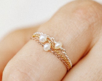 Dainty Pearl Chain Ring: 18k Gold Plated Sterling Silver