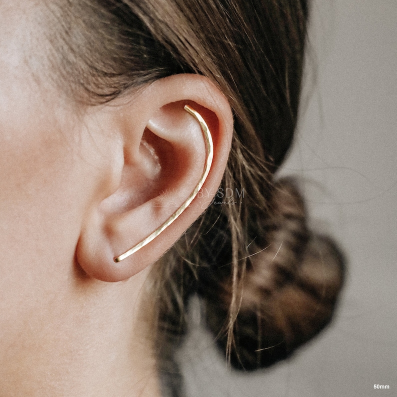 50 mm Dainty Long Ear Climbers, Ear Crawler, Gold Ear Cuff, Bar Ear Climber Silver Sweep Ear Pins Rose Gold Hammered Ear Climber Earrings image 1