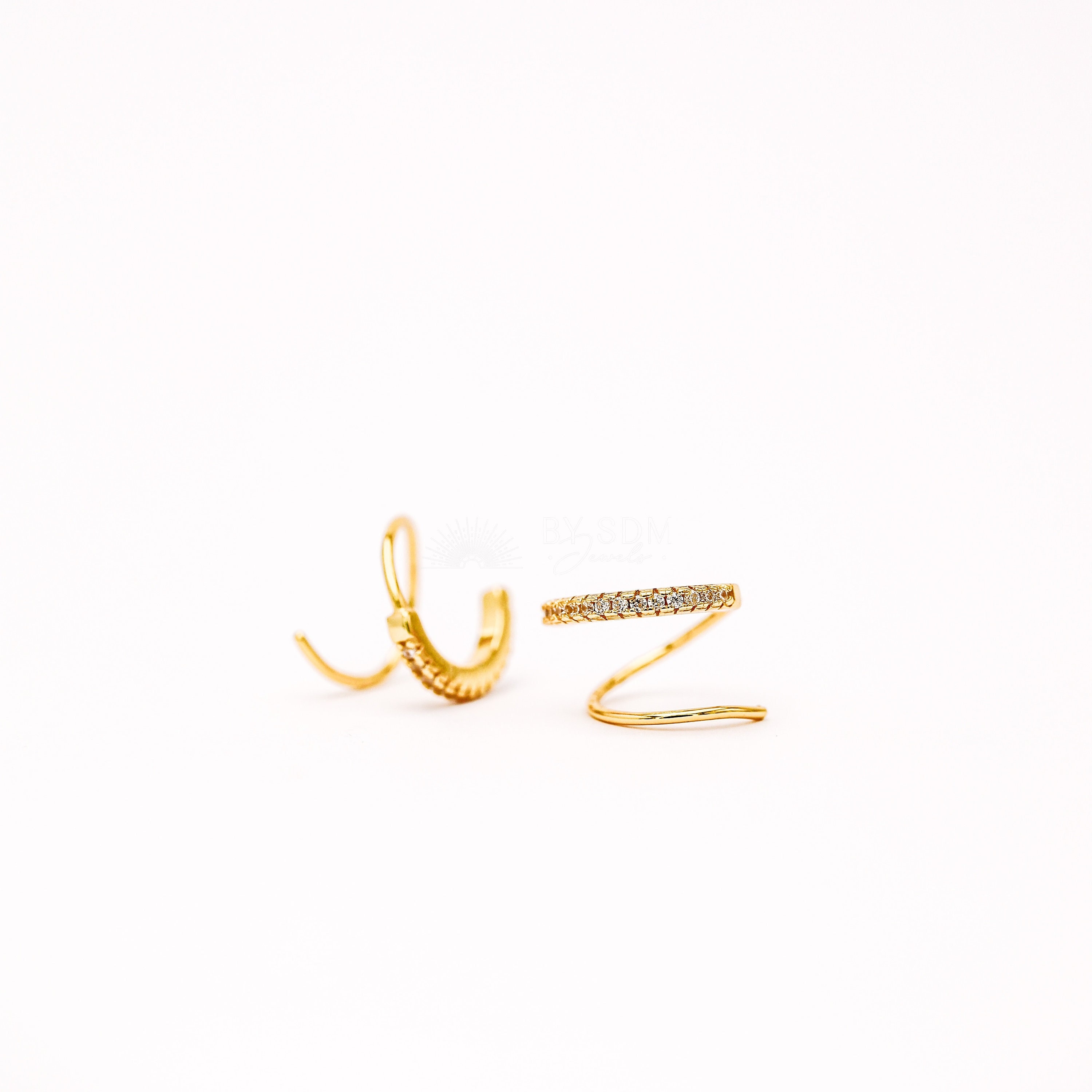 Double Hoop Earrings • Only 1 Piercing needed • Paved Spiral Earrings, Gold • BYSDMJEWELS