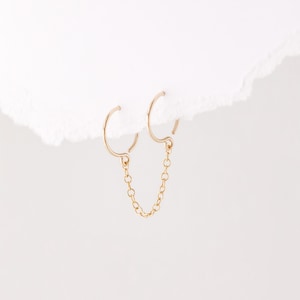 Double Hoop Earrings With Chain for Two Piercings • Huggies • Gold • Silver • Rose Gold • BYSDMJEWELS