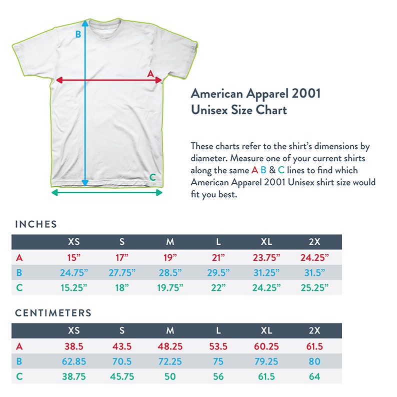 May include: A size chart for American Apparel 2001 unisex t-shirts, showing measurements in inches and centimeters for sizes XS to 2X.