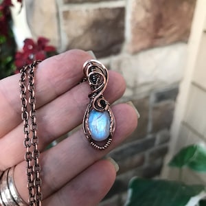 Moonstone copper small swirly wire wrapped necklace,  Artisan crystal boho teardrop pendant