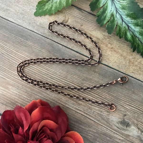 Copper chain 3.4 mm oval cable link, Patterned oval cable link necklace, Oxidized antique style copper jewelry