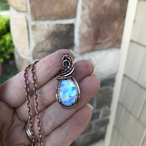 Rainbow moonstone faceted copper wire wrapped necklace, Small oval moonstone crystal pendant, June birthstone artisan jewelry