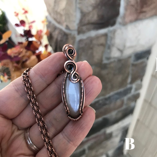 Gray moonstone small copper pendant, June birthstone jewelry, Wire wrapped crystal necklace