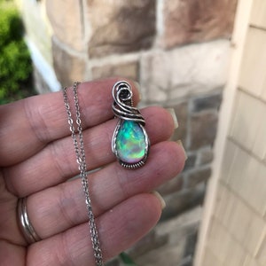 Aurora opal small silver wire wrapped necklace, Handmade green & purple boho pendant, Pastel rainbow hippie jewelry