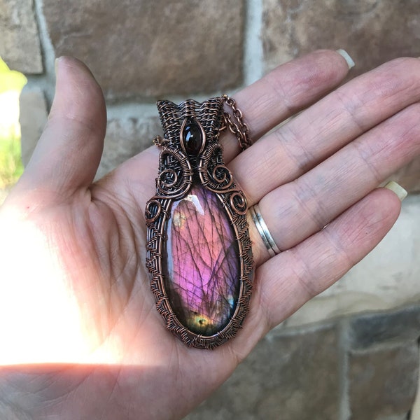 Purple labradorite & garnet copper wire wrapped pendant, Pink gemstone wire weave necklace, Handmade artisan crystal jewelry