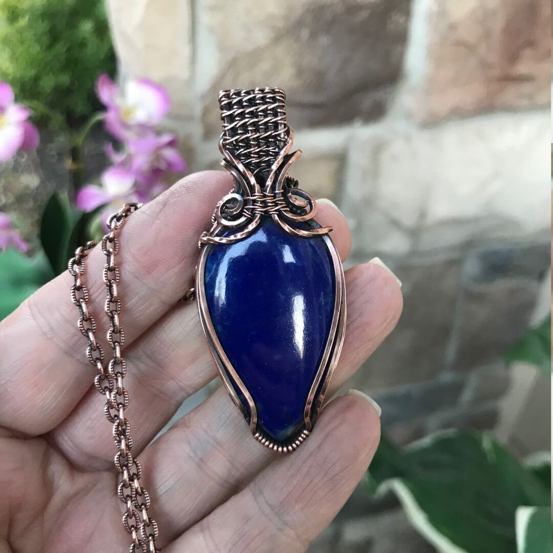 Lapis Lazuli Copper Wire Wrapped Necklace, Semiprecious Gemstone