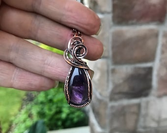 Amethyst  copper wire wrapped necklace, Purple quartz crystal handmade pendant