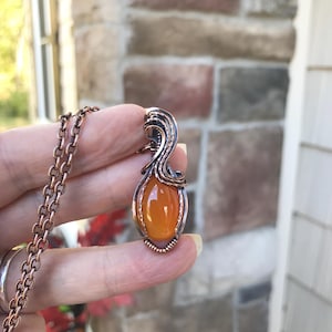 Carnelian copper wire wrapped necklace, Orange red oval crystal boho pendant
