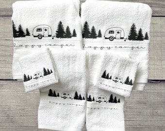 Happy Camper Dish Towel - White Or Gray