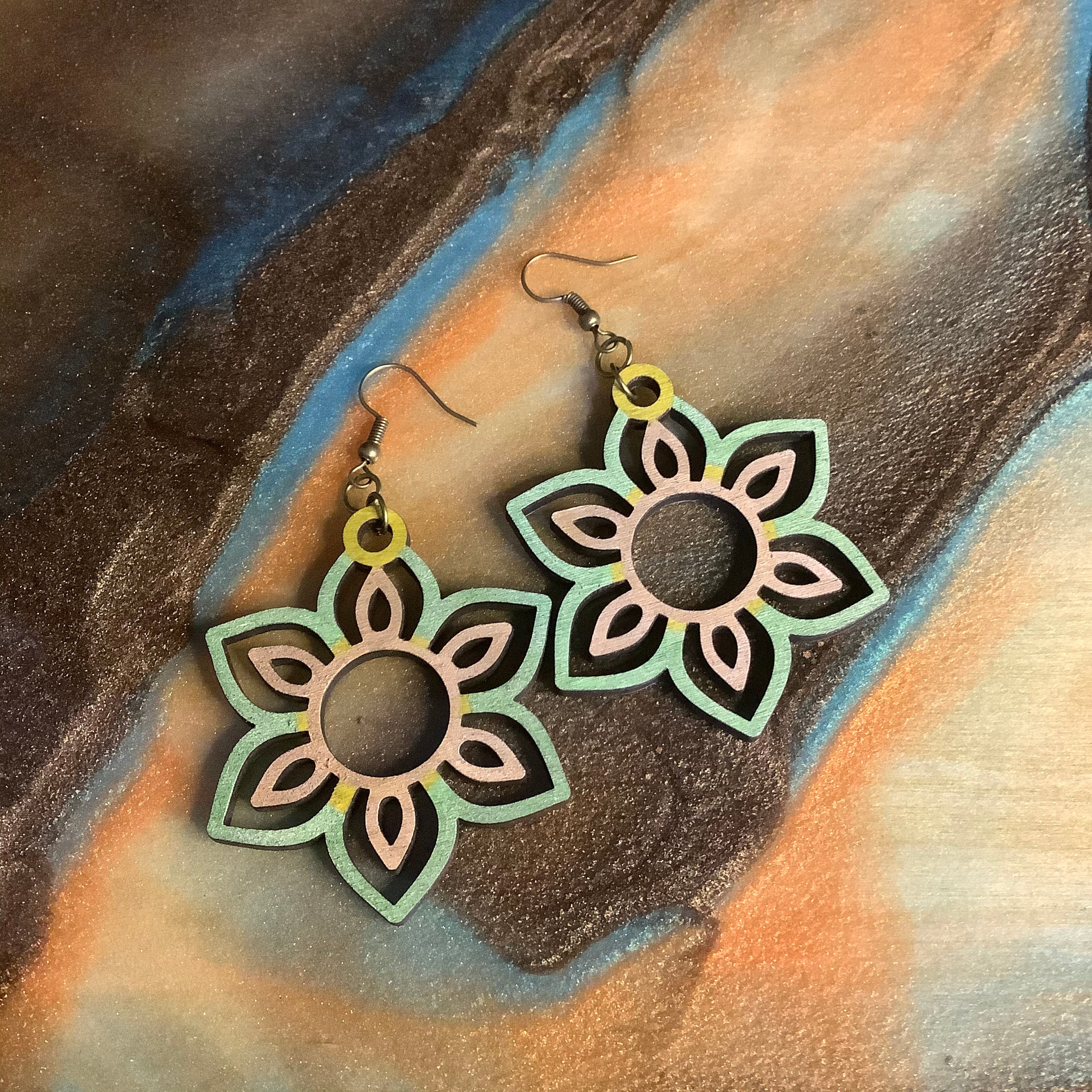 Laser Engraved Wooded Flower Earrings Etsy