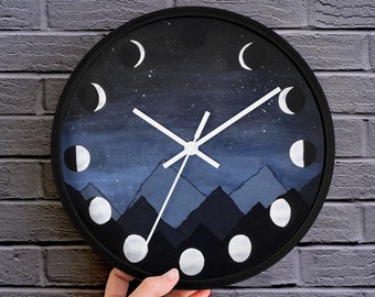 Moon Phase Clock, Cute Wall Clocks, Unique 10" Unique Clock, Lunar Home Decor, Witchy Nursery Decor, Night Sky, Astrology Dorm, Gothic