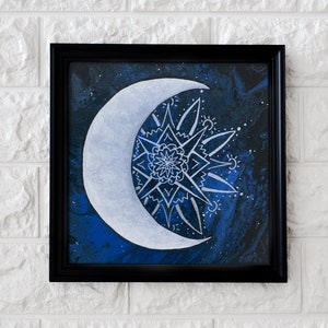Crescent Moon Digital Print, Printable Moon Download, Witchy Wall Decor, Dark Blue Mandala, Night Sky Poster, Galaxy Bed Room Art