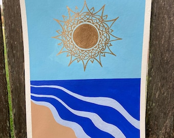 Boho Mandala Sun Painting: Abstract Ocean Waves, Gold Accent