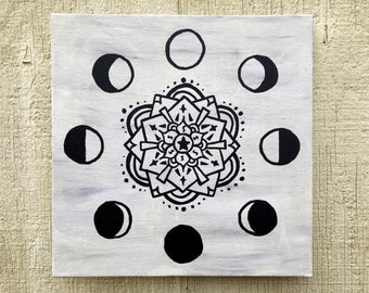 Moon Phase Painting on Canvas Board, Lunar Cycles Mandala Wall Art, Square Acrylic Painting, Cute Dorm Art