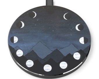 Moon Phases Wireless Charger, Cute Witchy Desk Decor, Apple iPhone Android Qi, Goth Aesthetic, 10W Wireless Charging, Wiccan Room Gifts