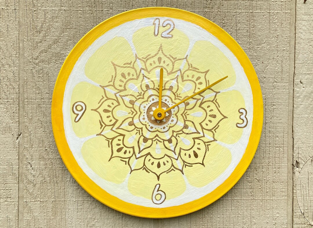 Lemon Clock, Hand Painted Vinyl Record Wall Clock, Fruit Themed Kitchen