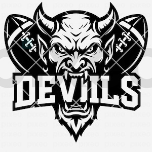 May include: A black and white graphic featuring a devil's head with horns and a fierce expression, with two American footballs on either side. The word "DEVILS" is written in bold, block letters. File type options: SVG EPS DXF PDF PNG AI JPG.
