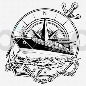 Cruise Ship Compass SVG  Nautical Anchor and Ocean Waves Cut File Sea Adventure Boat SVG for Cricut Marine Tattoo Style Png Dxf