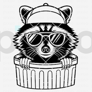 Cool Raccoon with Hat Glasses in Trash Can SVG, Funny Raccoon Clipart, Raccoon Cricut Cut File  Shirts and Stickers