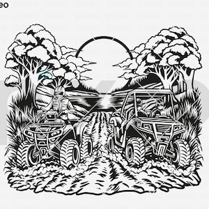May include: Black and white illustration of two all-terrain vehicles (ATVs) racing through a wooded area. The image includes the text "SVG EPS DXF PDF PNG AI JPG" at the bottom.