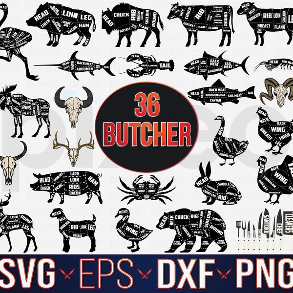 Butcher SVG Bundle, Butcher's Guide SVG, Cuts of Meat SVG, Meat Svg, Butcher Clipart, Butcher Cut file, Kitchen Svg Smoke That Svg beef pork