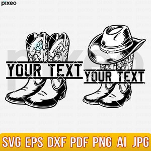 May include: A black and white illustration of two pairs of cowboy boots with a hat on top of one pair. The boots have a floral design and the text "YOUR TEXT" is displayed above and below the boots.