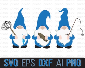 Puede incluir: Tres gnomos azules con barbas y sombreros blancos. El gnomo de la izquierda sostiene una red de pesca y un pez azul. El gnomo del medio sostiene un pez marrón. El gnomo de la derecha sostiene una caña de pescar.