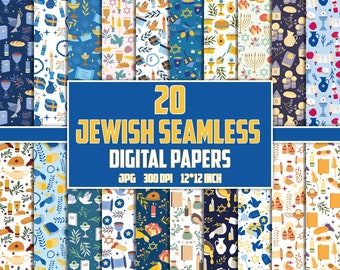 May include: Twenty digital papers featuring Jewish holiday symbols in a variety of colors and patterns. The papers are 12 inches by 12 inches and 300 DPI.  The text "20 Jewish Seamless Digital Papers" is in yellow letters on a blue background.