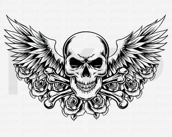 Skull With Wings and Roses SVG Clipart: Vector Cut Files