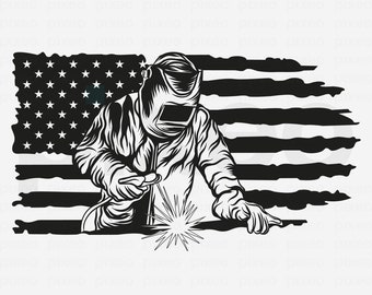 May include: Black and white illustration of a welder wearing a welding mask and welding a piece of metal in front of an American flag.