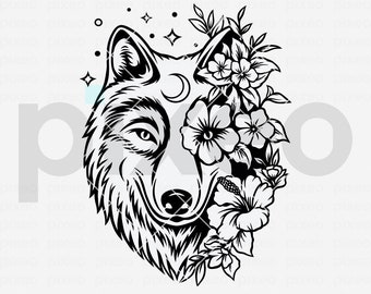 Wolf With Flowers Svg, Wolf Svg, Wolf Flower Svg, Wolf Head Svg, Wolf Clipart, Wolf Cricut, Wolf Cut file, Wolf Shirt, Wolf Face SVG PNG PDF