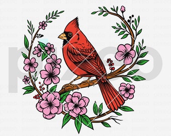 Red Cardinal with Flowers SVG: Bird Clipart Vector Cut File