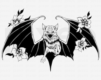 Floral Bat SVG: Scary Bat with Flowers Clipart (Digital Download)