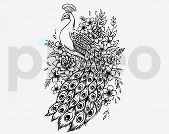 Floral Peacock SVG: Vector Cut File, Clipart (PNG, PDF)
