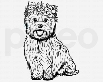Yorkshire Terrier with Flowers SVG, Yorkie Clipart (Digital Files)