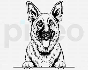 May include: Black and white graphic of a German Shepherd dog with its tongue out. The dog's head and paws are visible, with the text "SVG EPS DXF PDF PNG AI JPG" in a yellow banner at the bottom.