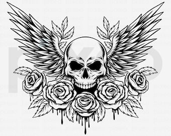 Skull With Wings and Roses SVG Clipart: Cricut Cut Files